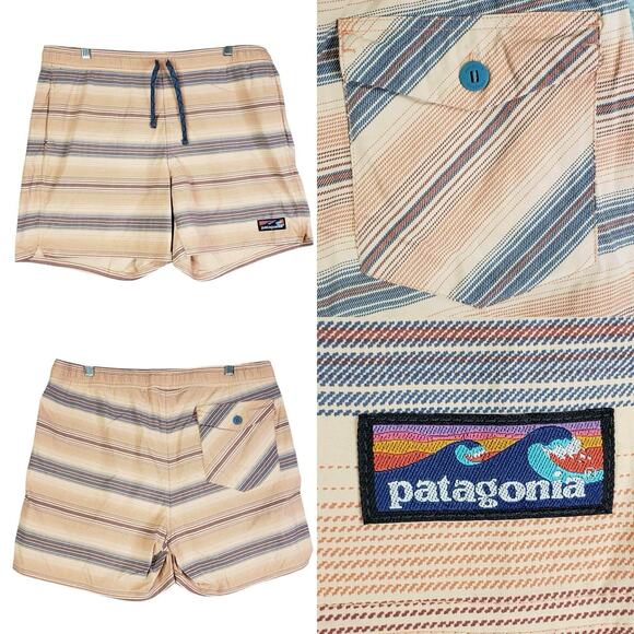 Patagonia Shorts Men’s Size Large L Wavefarer Volley Hybrid Orange Striped - Picture 1 of 14